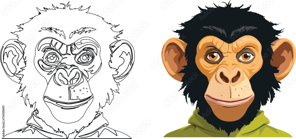 a smiling cartoon chimpanzee dressed in a stylish green jacket