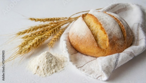 high quality photo . Small crusty bread loaf flour, wheat ear , milk in bottle © blackdiamond67