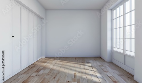 small and empty room with white walls and a white closet at the left side, wooden floor, in front view, minimalist. generative AI