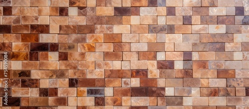 This close-up shot showcases a intricately designed brown and beige tile wall, ideal for bathroom interior decoration in contemporary modern buildings. The tiles are neatly arranged,