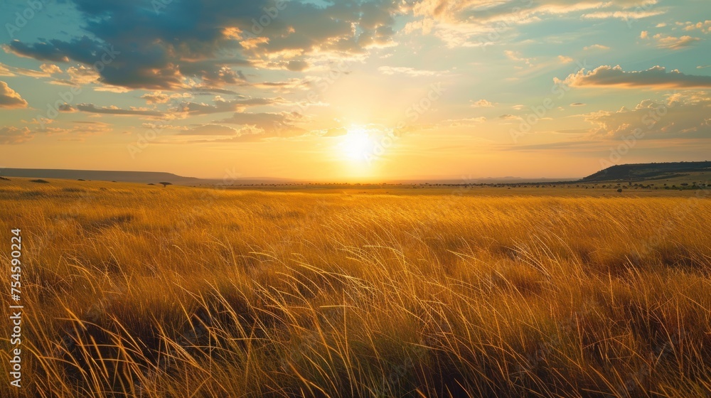 Beautiful savanna grass on sunset view. AI generated image