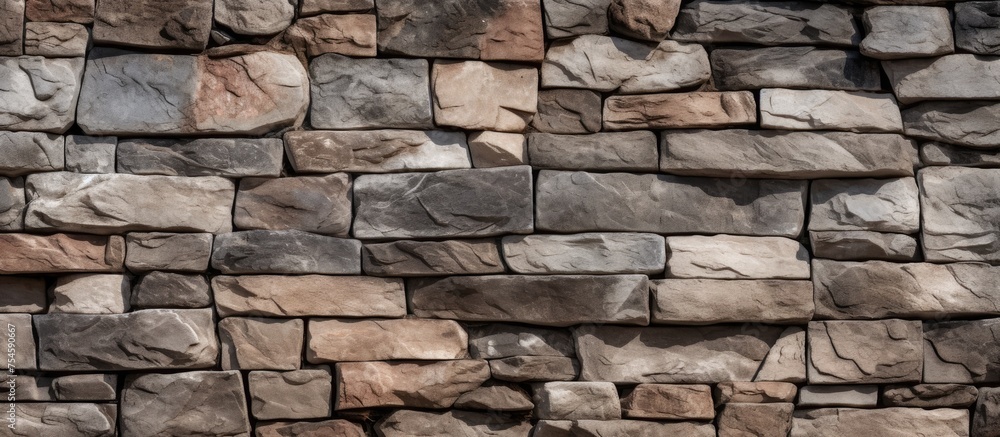 Fototapeta premium A stone wall constructed using rocks is displayed. The arrangement of various-sized rocks forms a sturdy and structured barrier. The wall appears weathered and aged,