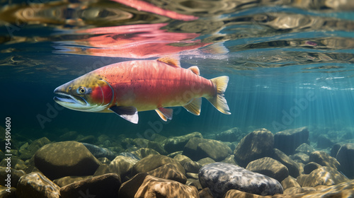 salmon in the clear water river streams.