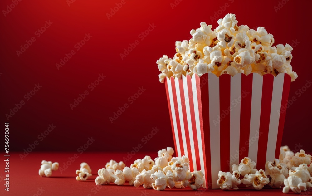 A close-up shot of a classic red popcorn bucket brimming with popcorn, set against a vibrant red background
