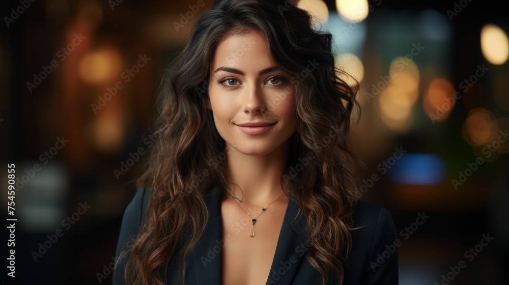 A woman with long brown hair and a necklace is smiling. The image has a warm and friendly mood A woman with long brown hair and a necklace is smiling. The image has a warm and friendly mood