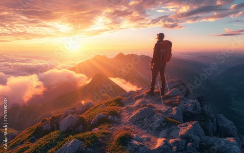 A multiracial person stands triumphantly on top of a mountain as the sun sets  casting a warm glow over the rugged terrain