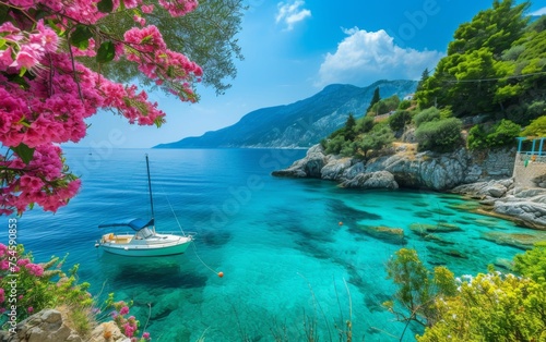 A small white boat is floating in the middle of a large body of water. The water is clear and blue, and there are trees in the background. The scene is peaceful and serene, with the boat