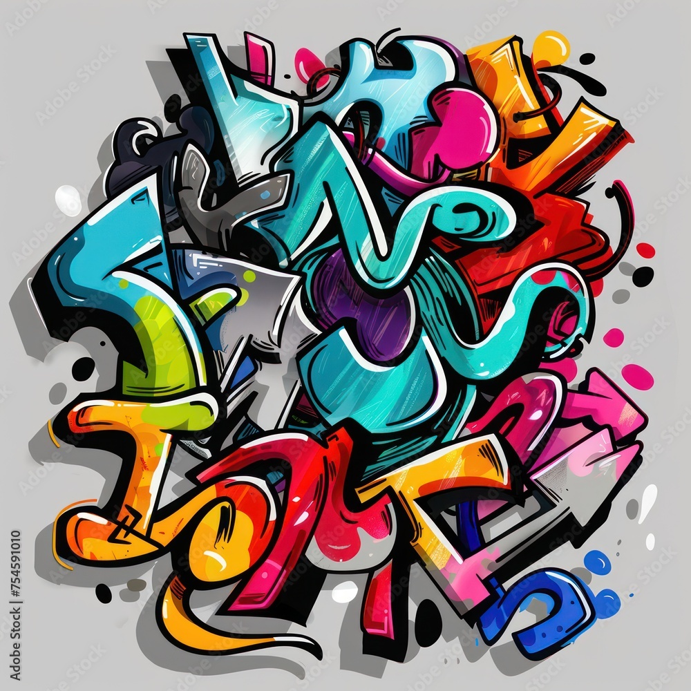 Graffiti-style sticker letters with abstract designs, featuring vibrant colors and outlined borders.