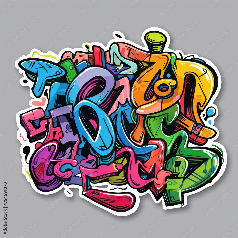 Sticker letters in an abstract graffiti style, boasting vibrant colors and outlined borders. Sticker letters in an abstract graffiti style, boasting vibrant colors and outlined borders.