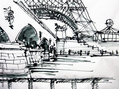 Paris, France handmade illustration. Black and white drawing of Paris. Architectural sketch.