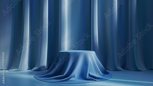 Cylinder podium covered with blue cloth on background. Premium empty fabric pedestal for product display - generative ai