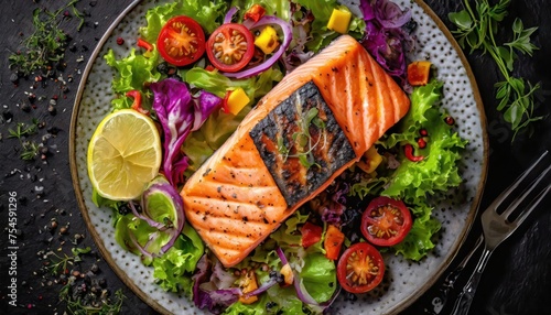 high quality photo. Grilled salmon steak and vegetable salad top view 