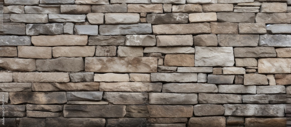 A stone wall built with small rocks creates a sturdy and durable barrier. The rocks are carefully stacked, forming a solid structure that serves as a fence or wall background.