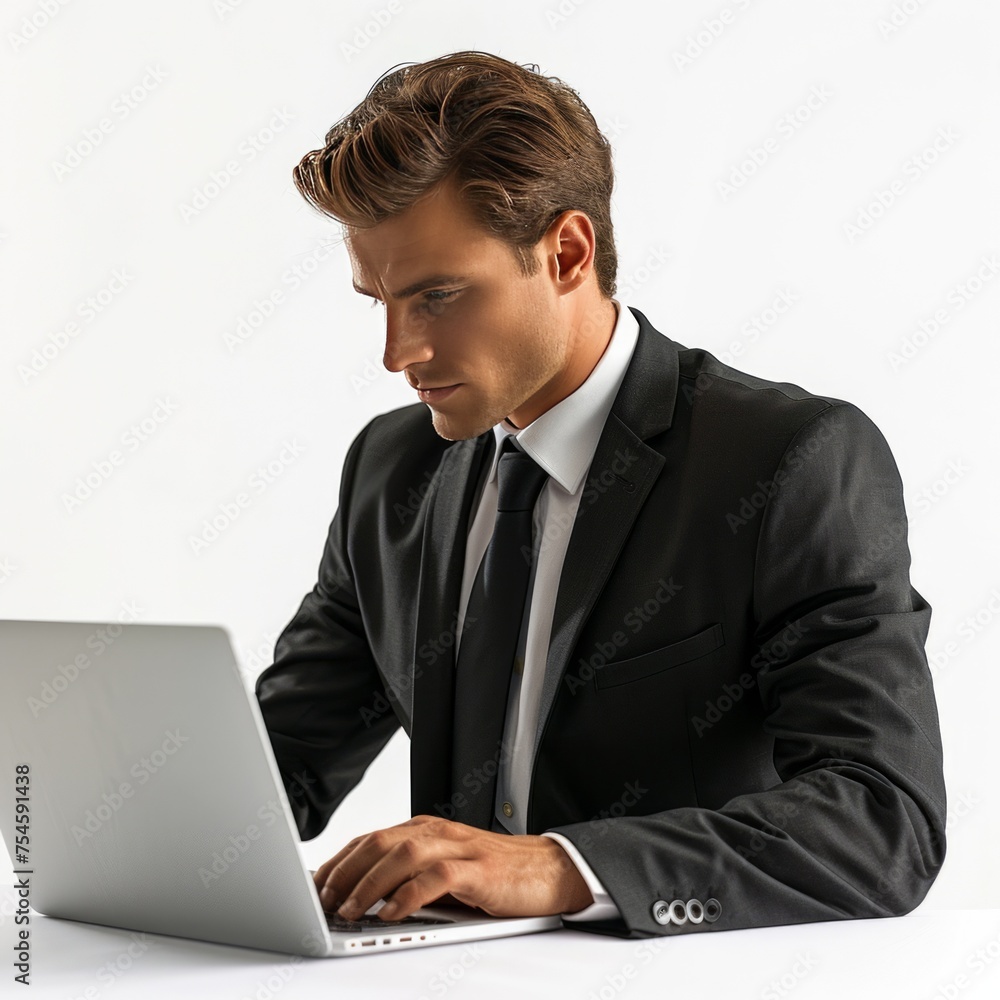 A corporate professional in his mid-30s exudes confidence and focus as he types on a modern laptop. He was dressed in a sharp black business suit. Reflects professionalism and commitment A corporate professional in his mid-30s exudes confidence and focus as he types on a modern laptop. He was dressed in a sharp black business suit. Reflects professionalism and commitment