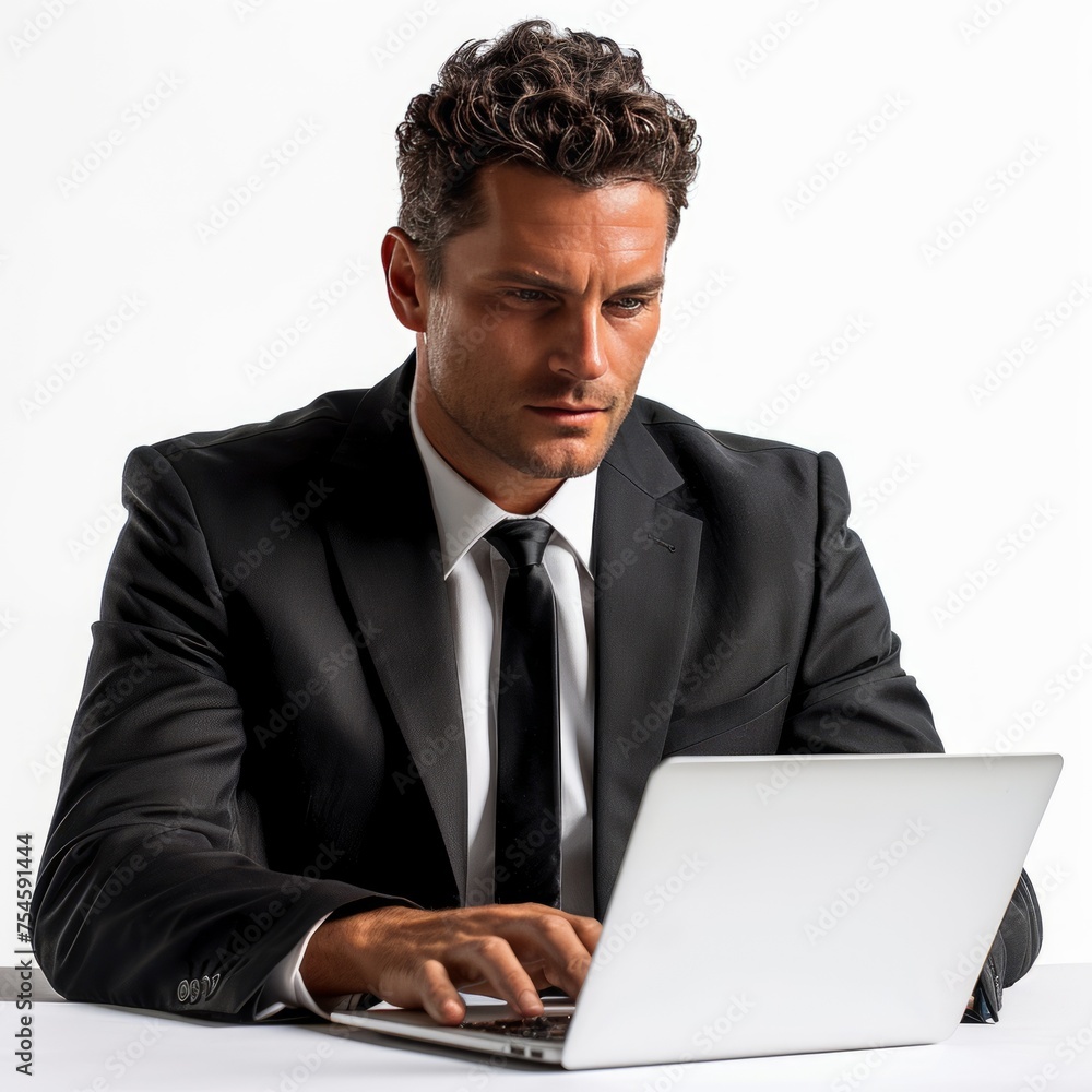 A corporate professional in his mid-30s exudes confidence and focus as he types on a modern laptop. He was dressed in a sharp black business suit. Reflects professionalism and commitment A corporate professional in his mid-30s exudes confidence and focus as he types on a modern laptop. He was dressed in a sharp black business suit. Reflects professionalism and commitment
