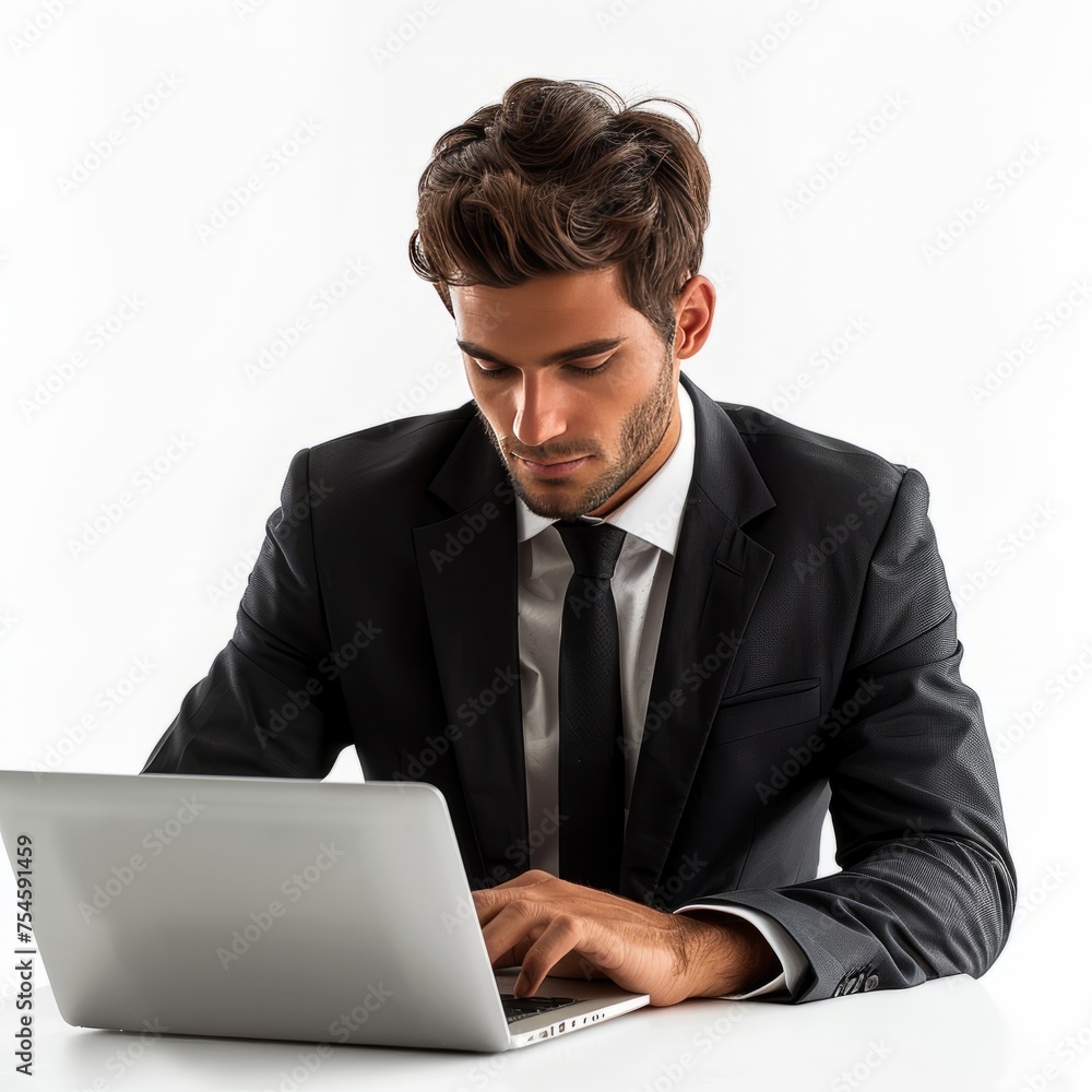 A corporate professional in his mid-30s exudes confidence and focus as he types on a modern laptop. He was dressed in a sharp black business suit. Reflects professionalism and commitment A corporate professional in his mid-30s exudes confidence and focus as he types on a modern laptop. He was dressed in a sharp black business suit. Reflects professionalism and commitment