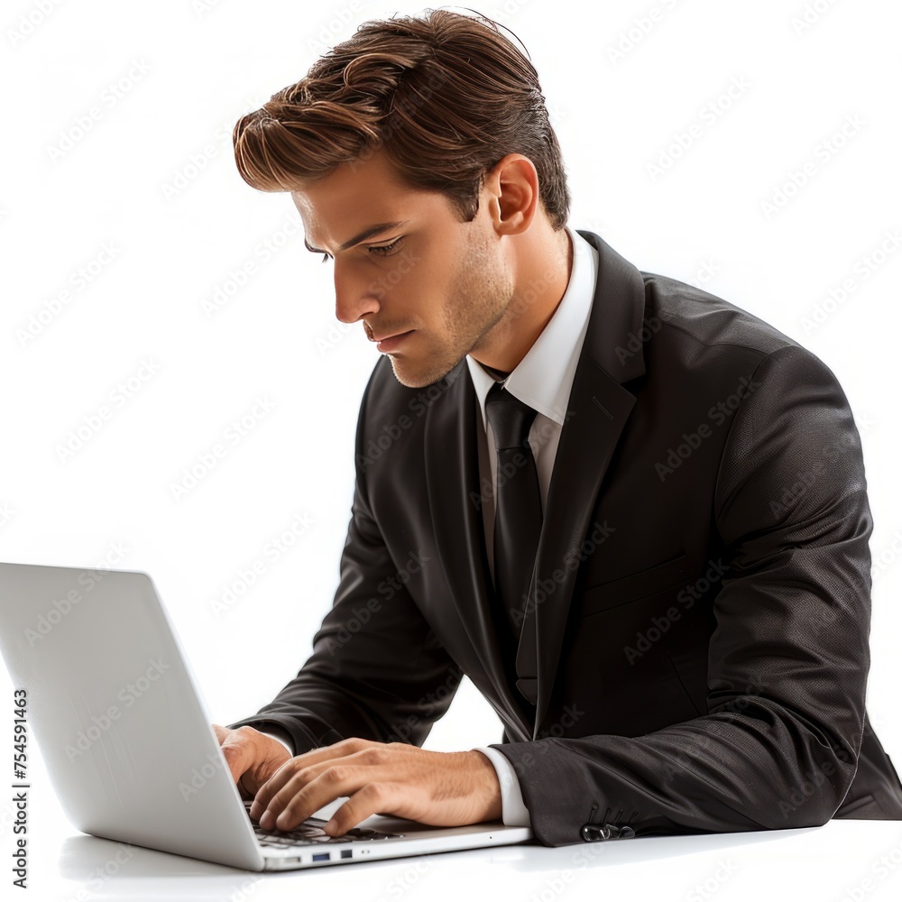 A corporate professional in his mid-30s exudes confidence and focus as he types on a modern laptop. He was dressed in a sharp black business suit. Reflects professionalism and commitment A corporate professional in his mid-30s exudes confidence and focus as he types on a modern laptop. He was dressed in a sharp black business suit. Reflects professionalism and commitment