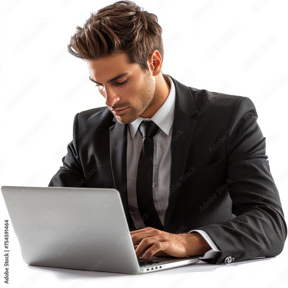 A corporate professional in his mid-30s exudes confidence and focus as he types on a modern laptop. He was dressed in a sharp black business suit. Reflects professionalism and commitment A corporate professional in his mid-30s exudes confidence and focus as he types on a modern laptop. He was dressed in a sharp black business suit. Reflects professionalism and commitment