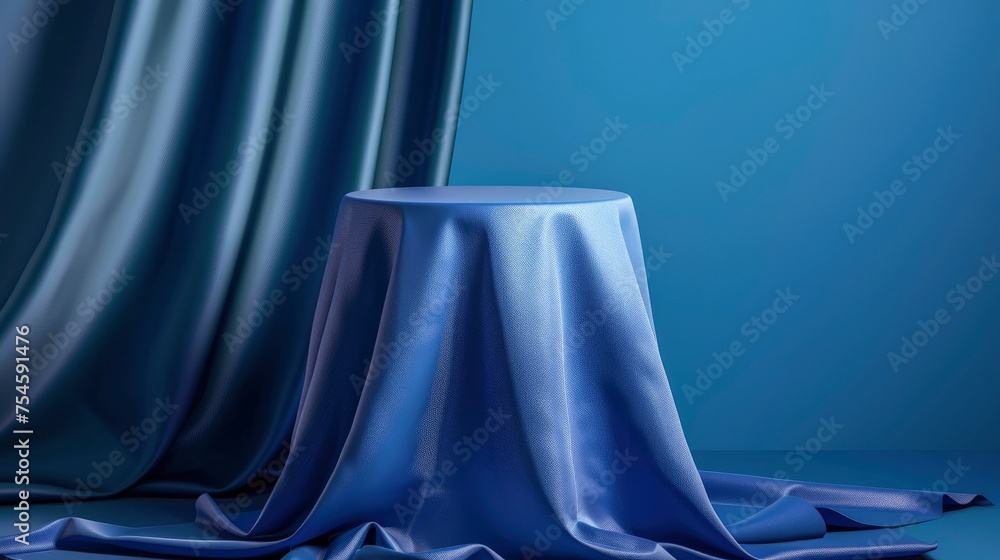 Cylinder podium covered with blue cloth on background. Premium empty fabric pedestal for product display - generative ai