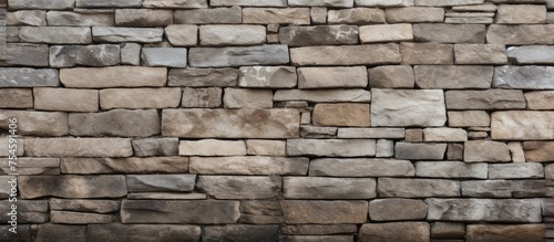 A stone wall built with small rocks creates a sturdy and durable barrier. The rocks are carefully stacked, forming a solid structure that serves as a fence or wall background.