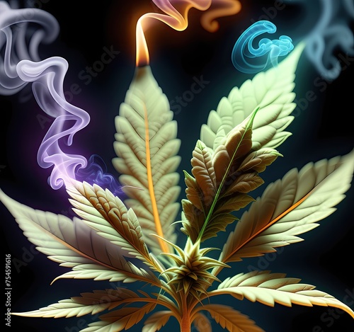 A cannabis leaf burns in colored psychedelic abstract smoke