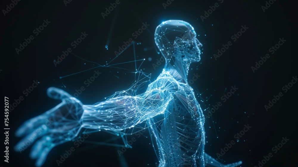 Wireframe mesh of a human body in virtual reality, scanned for medical blueprint 3D modeling Wireframe mesh of a human body in virtual reality, scanned for medical blueprint 3D modeling