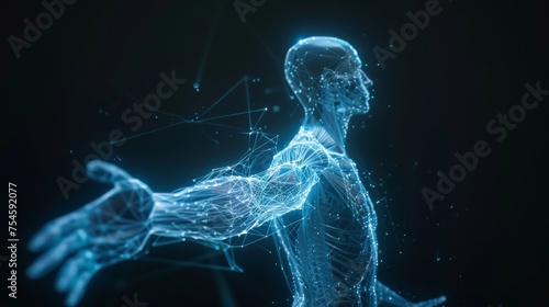 Wireframe mesh of a human body in virtual reality, scanned for medical blueprint 3D modeling