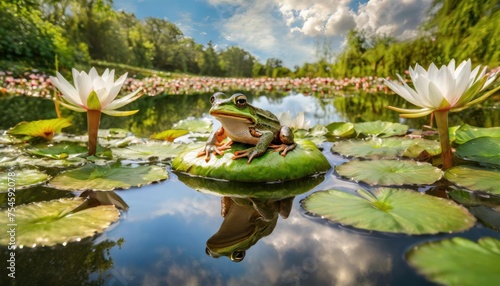 high quality photo of a frog on a lily pad in a pond with reflections photo