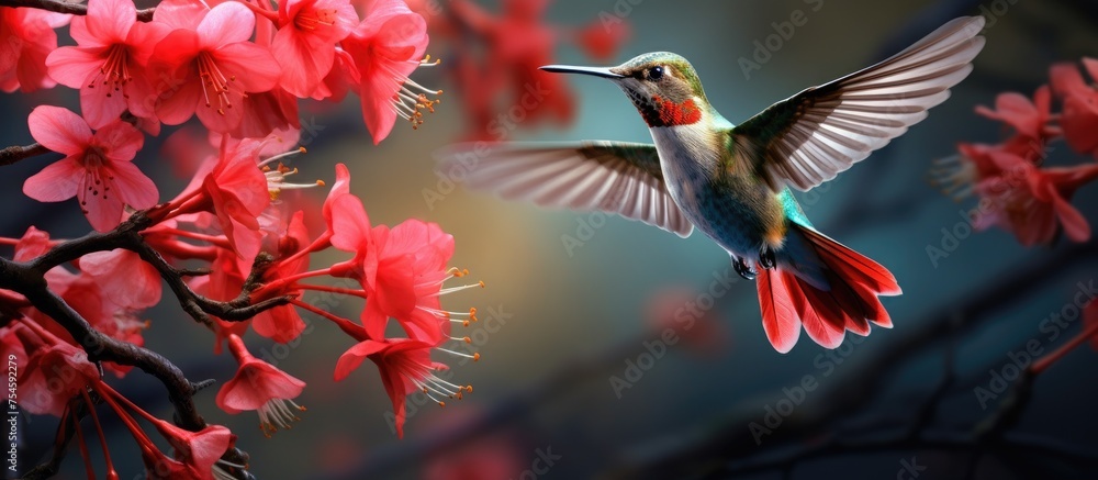 Obraz premium A vibrant scene unfolds as a hummingbird hovers above a tree adorned with red flowers, showcasing the beauty of nature in action.