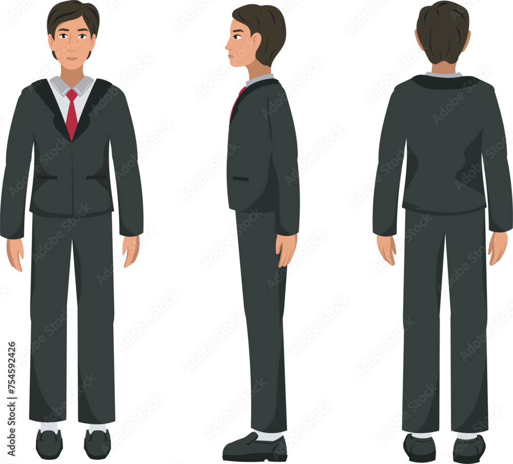 Vector illustration of a professional businessman from three distinct angles: frontal, side, and rear. The character has dark suit, white shirt, and a red tie. Vector illustration of a professional businessman from three distinct angles: frontal, side, and rear. The character has dark suit, white shirt, and a red tie.