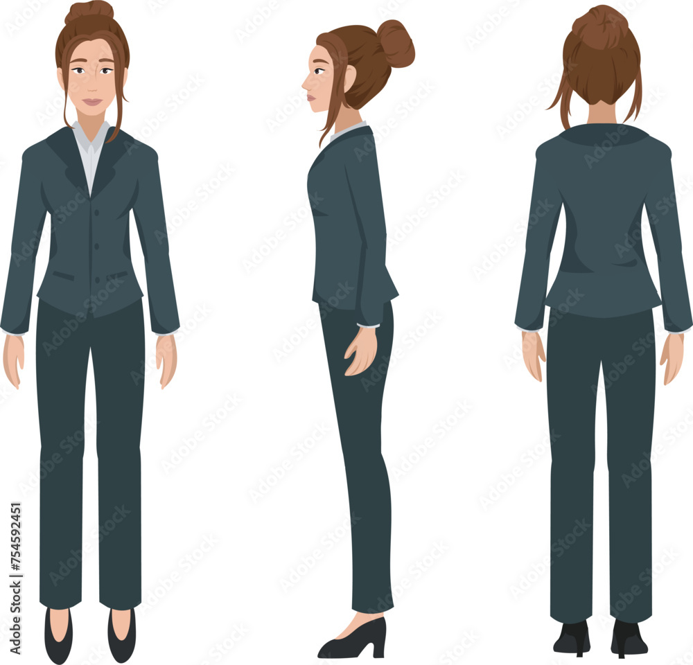 BUSINEVector illustration of a professional businesswoman from three distinct angles: frontal, side, and rear. The character has dark suit and white shirt. BUSINEVector illustration of a professional businesswoman from three distinct angles: frontal, side, and rear. The character has dark suit and white shirt.