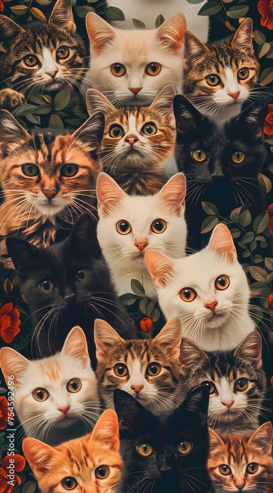 Fototapeta premium Collage von Katzen mit verschiedenen Farben, Carpetpunk, catcore