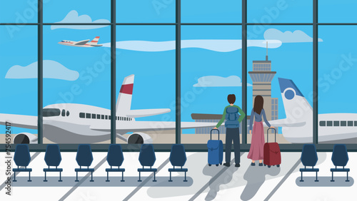 Passengers waiting in airport terminal with Luggage and backpack while waiting for the flight. Vector Illustration of Airport Lounge. Travel, tourism, flying concepts