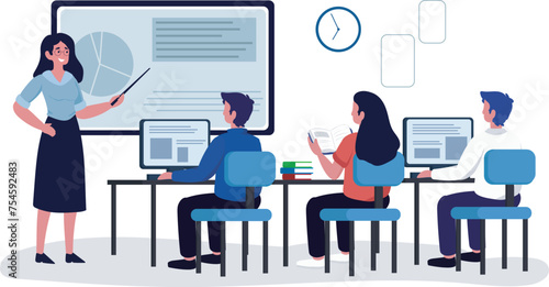 A Modern classroom scene with a teacher engaging a group of students. Students using computers and printed materials while the teacher employs a digital presentation.