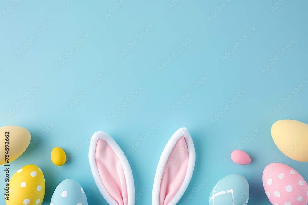 Top view photo of white pink blue and yellow eggs on isolated background.Easter party concept Top view photo of white pink blue and yellow eggs on isolated background.Easter party concept