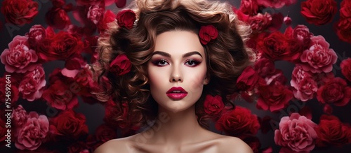 A woman with striking red lipstick stands confidently in front of a vibrant display of roses, showcasing a bold and glamorous look. The scene captures a sense of beauty and elegance, perfect for a