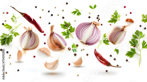 Flying onion, parsley and spices isolated on white
