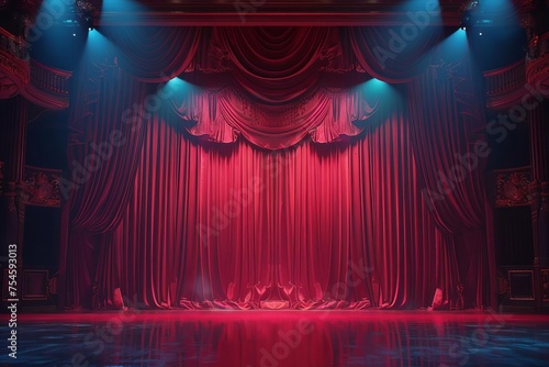 Classic theater stage with dramatic red curtains and spotlight before a performance Setting the scene for a grand event