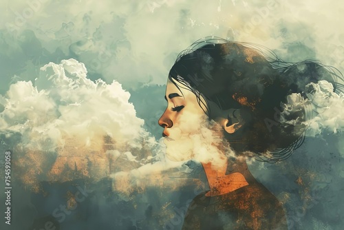 Conceptual illustration of a young woman lost in thought With her head in the clouds Symbolizing introspection and the complexity of human emotions photo
