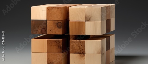 A stack of wooden blocks is seen, symbolizing the decision-making process between Ausbildung internship and Studium study. The blocks are arranged in a vertical formation on top of each other. photo