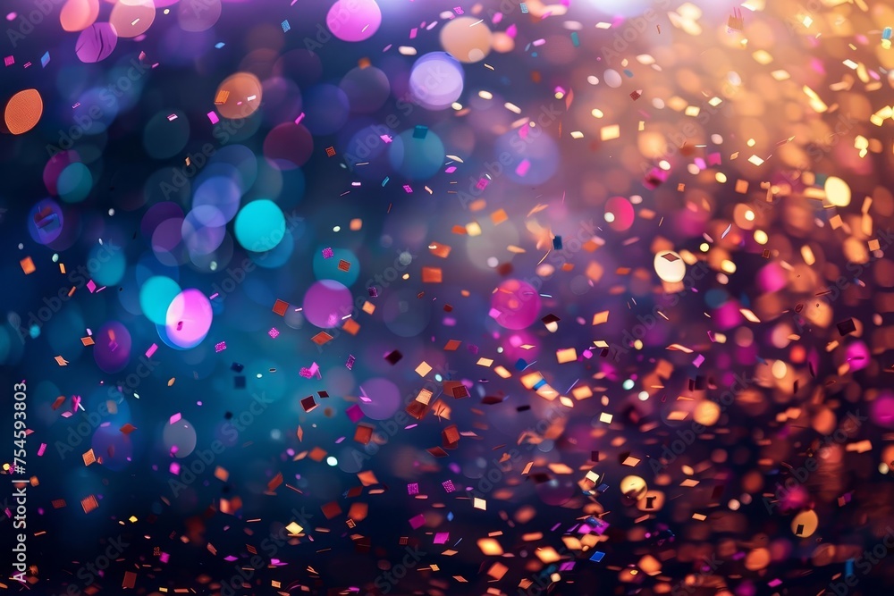Naklejka premium Vibrant celebration scene with glittering confetti and dynamic light streaks against a blurred party background. creates an atmosphere of joy and festivity