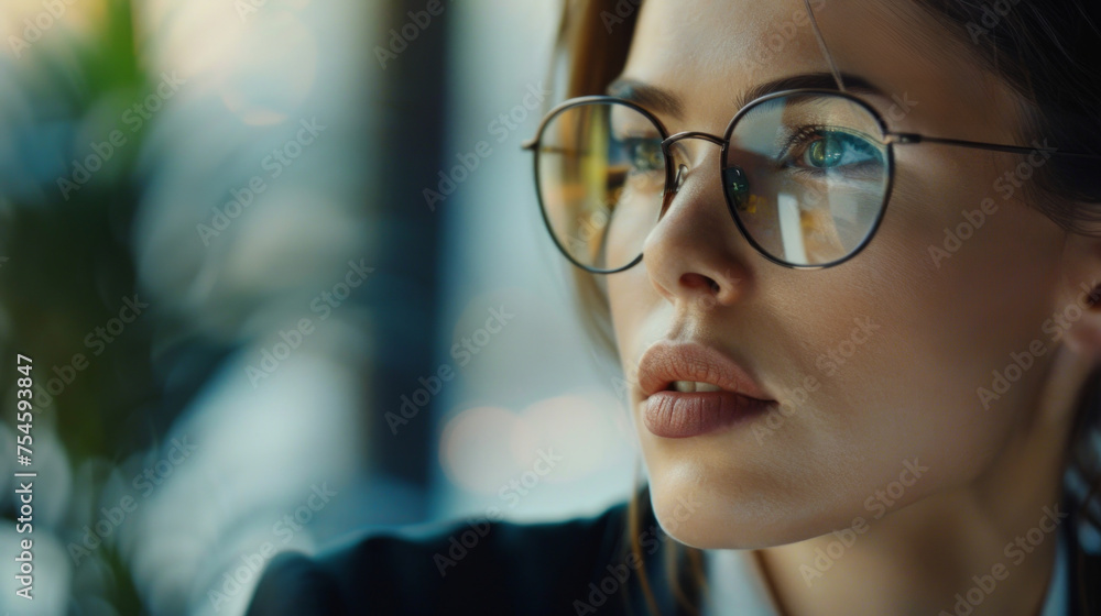 Visionäre Eleganz: Selbstbewusstes Porträt einer intelligenten Geschäftsfrau mit fokussiertem Blick und eleganter Brille. Visionäre Eleganz: Selbstbewusstes Porträt einer intelligenten Geschäftsfrau mit fokussiertem Blick und eleganter Brille.
