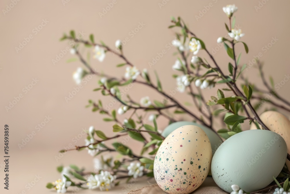Easter eggs with sweets and flowers on beige background. Happy Easter concept. Easter eggs with sweets and flowers on beige background. Happy Easter concept.