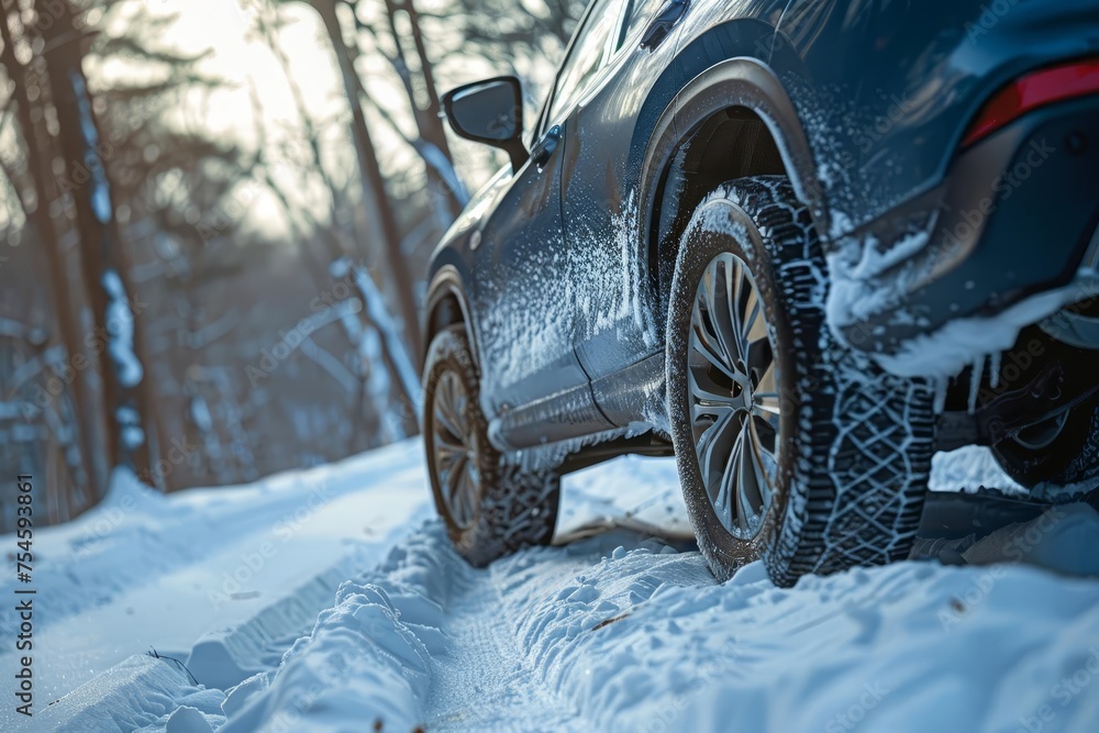 Winter tire technology featuring an suv on a snowy road Highlighting safety and performance in winter travel