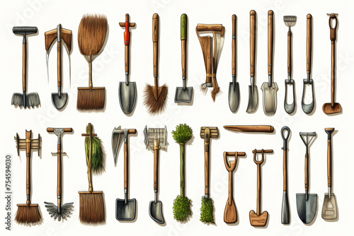 Collection of Gardening Tools on White Background