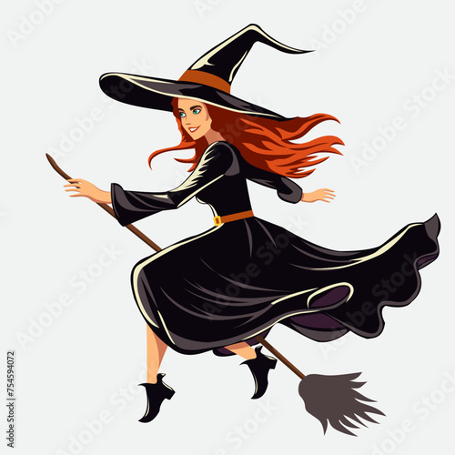 A beautiful woman witch with green eyes in a hat flies on a broom.