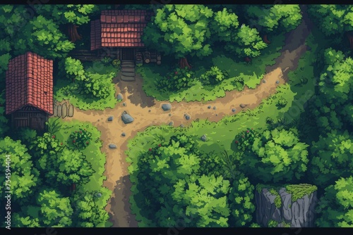 pixel map forest in the game. Pixelated forest for game map. pixelated forest maps in the game. Pixel art concept of forest. pixelate village on game maps.