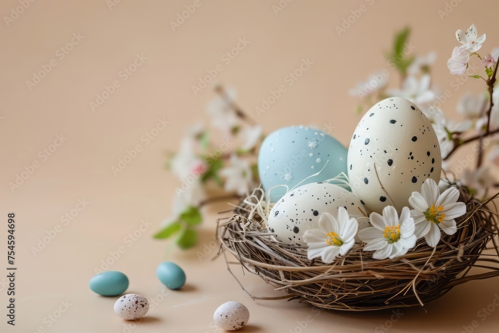 Easter eggs with sweets and flowers on beige background. Happy Easter concept.