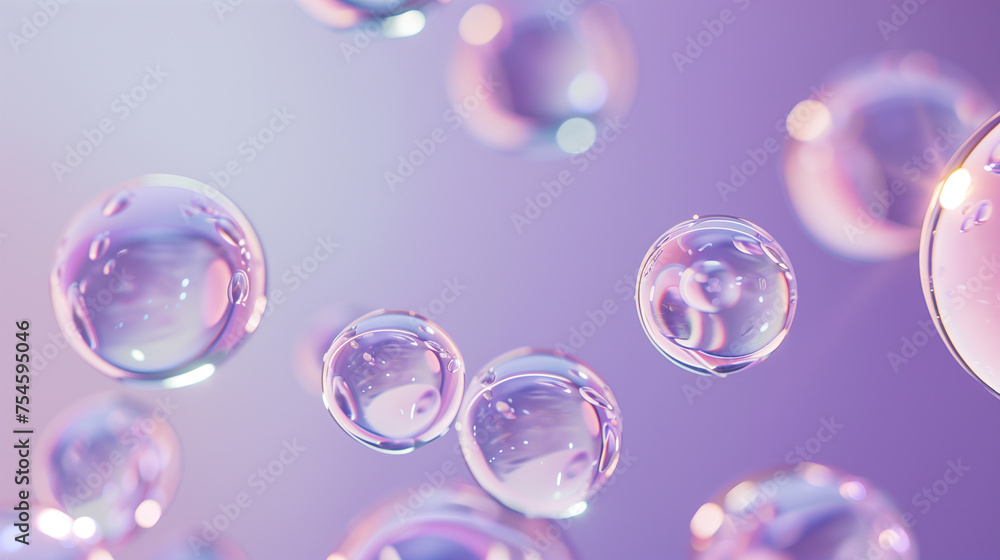 Bubbles on light purple background. Lilac color light on the spheres. Hyaluronic acid.