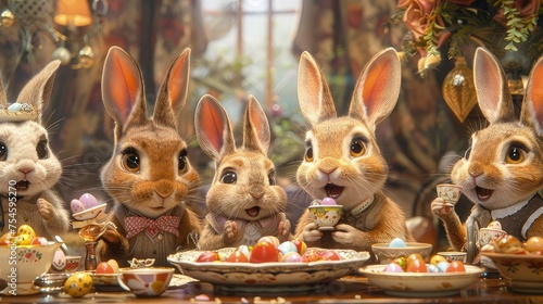 Adorable bunny family gathering around a beautifully set Easter dinner table.